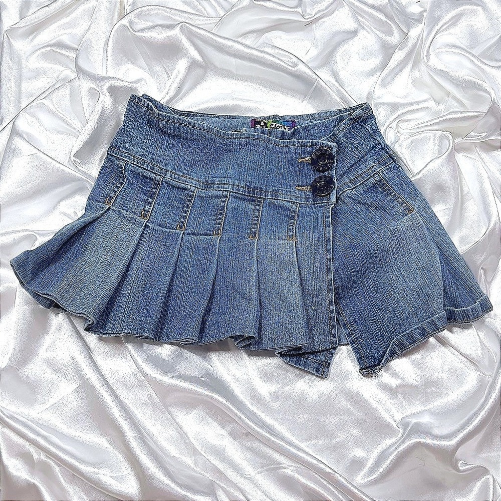 y2k pleated Denim Mini Skirt Blue Asymmetrical Button Wrap Skort 7